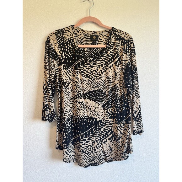 JM Collection Women's Black Brown Abstract Print Pullover Blouse 3/4 Sleeve M - Picture 1 of 10